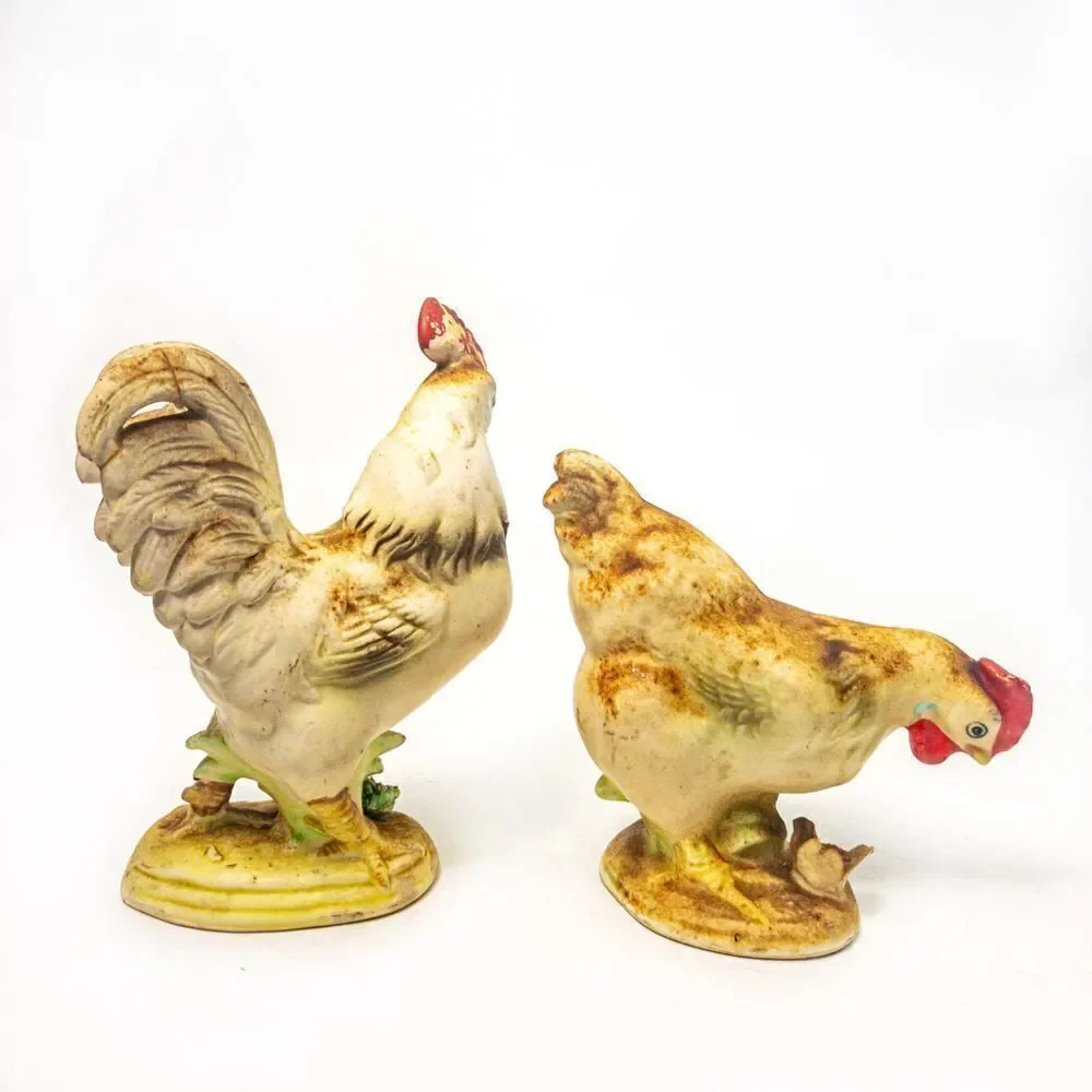 Vintage Pair Enesco Rooster & Hen Porcelain Figurines